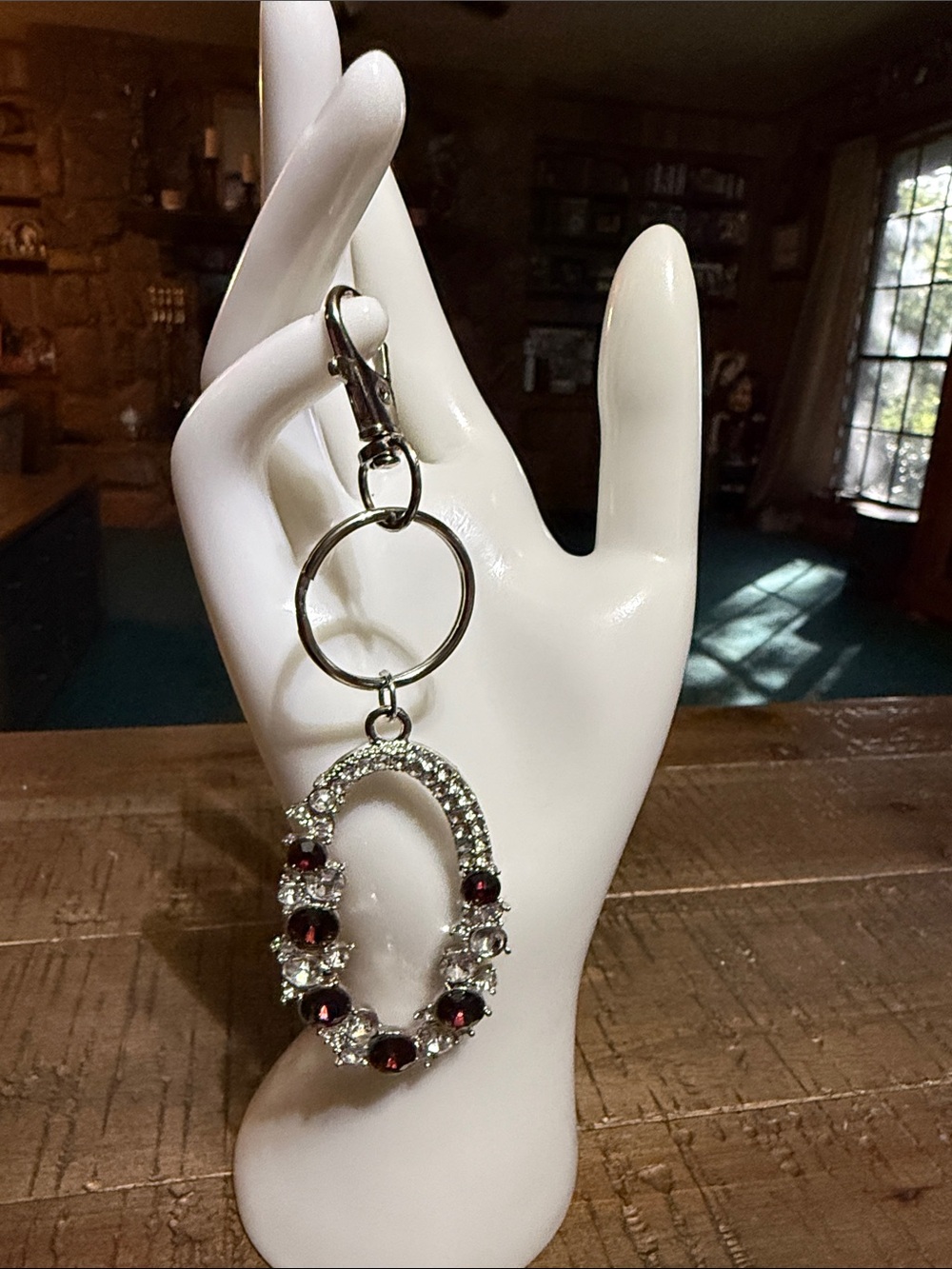 Silver-Tone Oval Keyring Pendant with Red and Clear Crystals